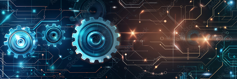 Poster Gears turning on circuit board representing software development and technology