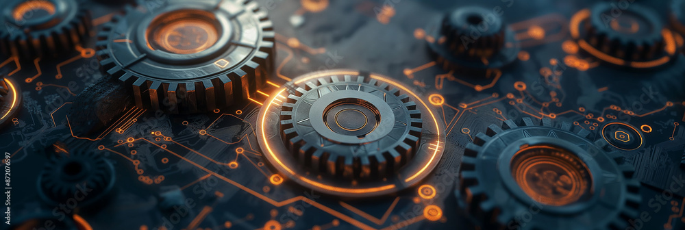Poster orange glowing circuit board with gears turning showing technology
