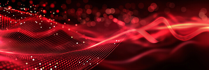 Abstract red digital wave of particles flowing in cyberspace