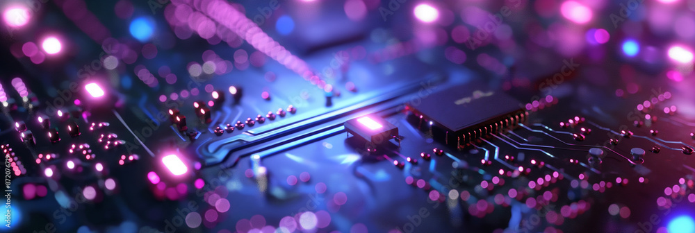 Poster Electronic circuit board showing data transferring with light trails