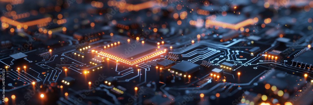 Poster Modern cpu performing complex calculations with lights glowing on motherboard
