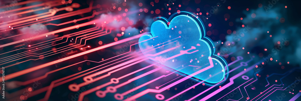 Poster cloud computing technology with blue cloud symbol appearing over motherboard