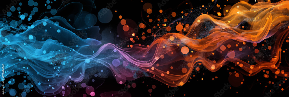Poster Abstract colorful waves flowing on black background with bokeh effect