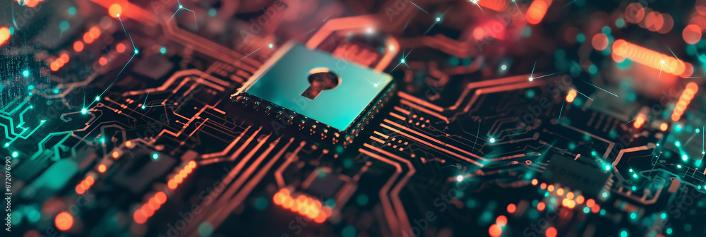 Aufkleber cybersecurity concept, digital padlock protecting computer motherboard from cyber attacks