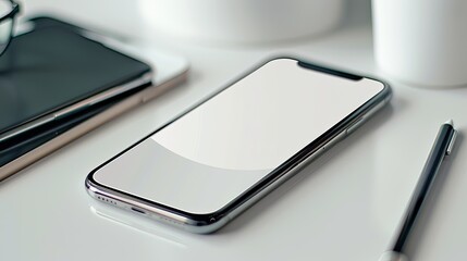 A smartphone lying on a white desk next to potted plants, emphasizing a clean and modern workspace setup..