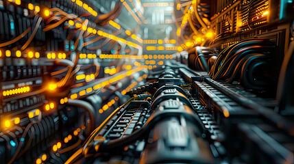 Server room ambiance with internet cables wires switch in company dedicated to quantum computer development network background showcasing futuristic technology 