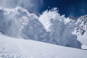 Obraz premium Generative ai on theme of descent of an huge avalanche from the mountain, winter nature landscape
