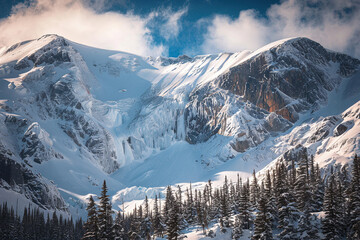 Generative ai on theme of descent of an huge avalanche from the mountain, winter nature landscape
