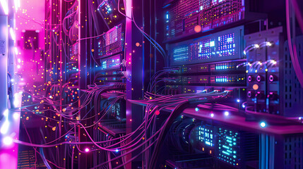 Obraz premium Server room with internet cables and wires switch in company developing a quantum computer network background illustrating futuristic technology 