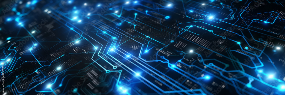 Poster Electronic printed circuit board showing data processing with blue lights