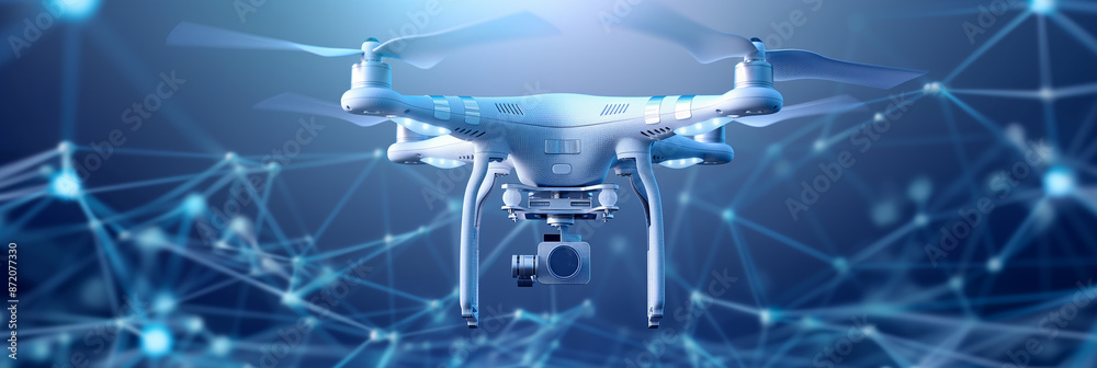 Poster White drone hovering with futuristic network connection in background