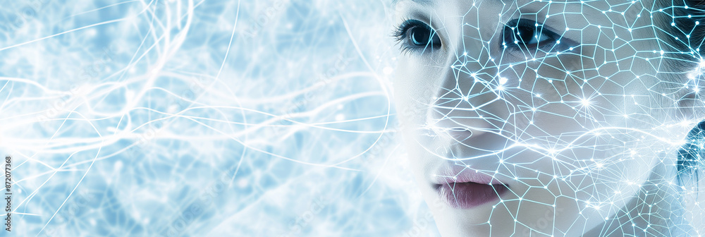 Poster artificial intelligence concept with woman face covered by network grid