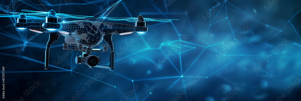 Poster Modern drone flying with global connection and network