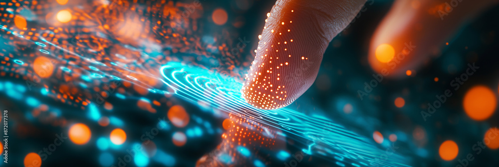 Poster Finger touching futuristic glowing interface with data flowing technology concept