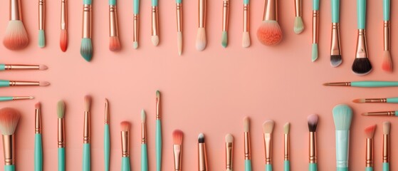 A collection of makeup brushes arranged in a symmetrical pattern on a pink background.