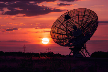 antenna, radio telescope silhouette at sunset