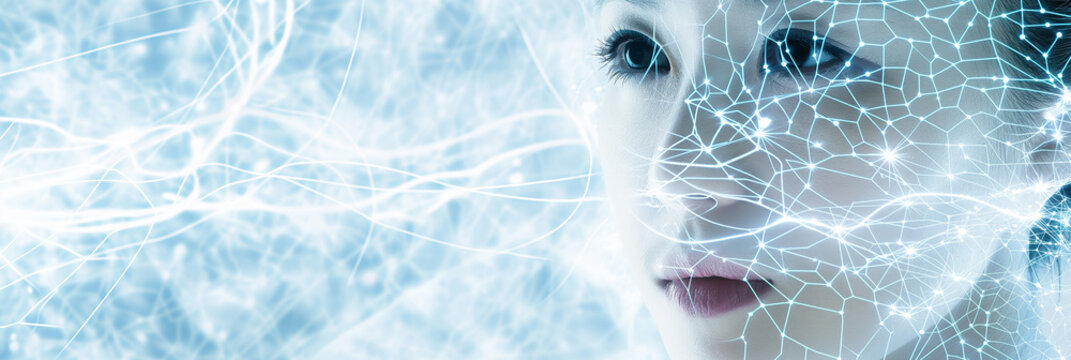 Artificial intelligence concept with woman face covered by network grid - Powered by Adobe