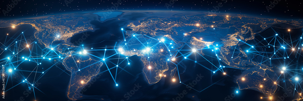 Poster planet earth showing world connections with glowing lines