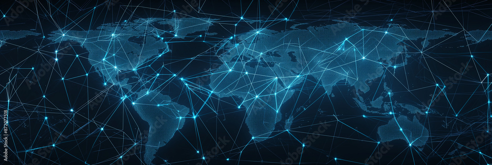 Poster Global network connecting cities around the world with lines and nodes