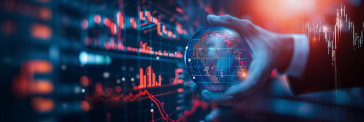 Businessman holding globe with stock market data visualizations