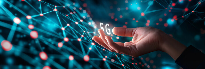 Businessman holding 5g symbol with global network connection lines