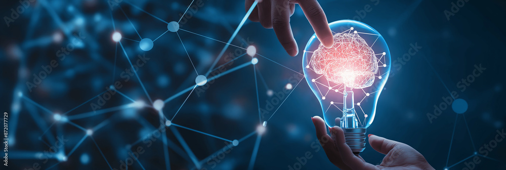 Poster businesspeople collaborating on new idea with brain inside lightbulb
