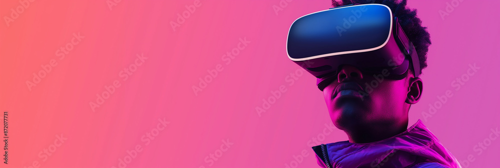 Poster Young man exploring virtual reality using vr headset on gradient background