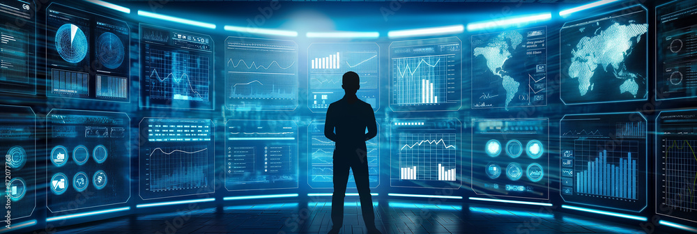 Aufkleber businessman analyzing big data on multiple digital interactive screens