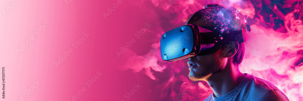 Poster man experiencing virtual reality with augmented reality glasses