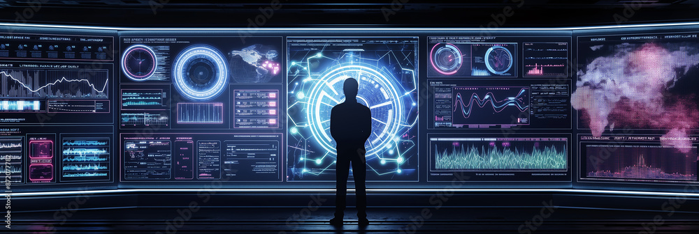 Poster businessman standing looking at virtual graphics on big data screen digital interface