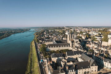 Aerial view of the loire river and the abbey of saint-martin in tours