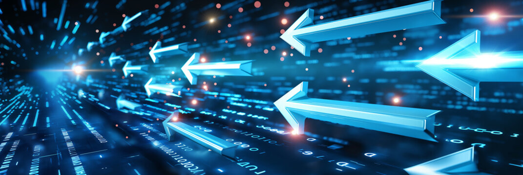 Blue arrows flowing through digital cyberspace representing data transfer