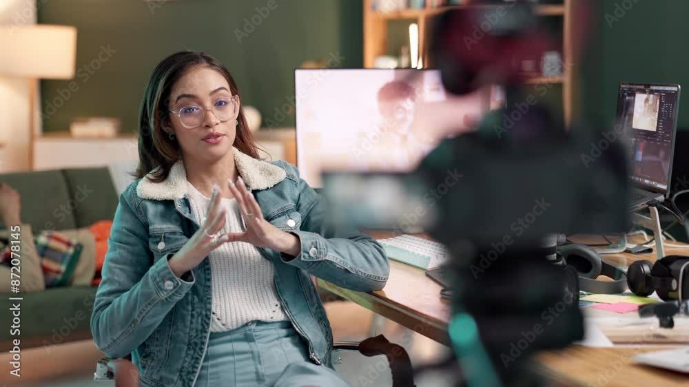 Aufkleber influencer, woman and talking in studio, camera and live streaming of guide for video editing for su