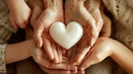 Close-up of generational hands, from a child and an elderly person, holding a white heart together, symbolizing love and connection..