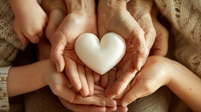 Close-up of generational hands, from a child and an elderly person, holding a white heart together, symbolizing love and connection..