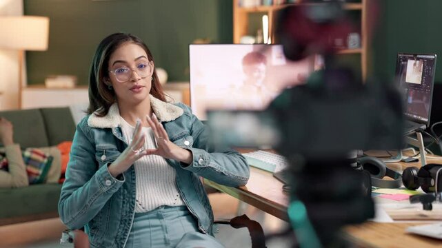 Influencer, woman and talking in studio, camera and live streaming of guide for video editing for subscribers. Online, girl and promotion of remote work, podcast and explain of pros and cons in web