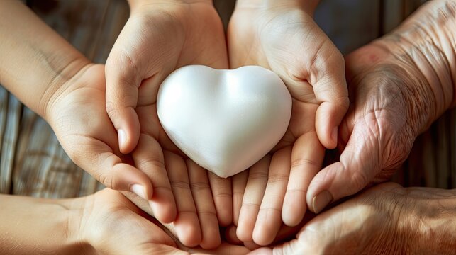 Close-up of generational hands, from a child and an elderly person, holding a white heart together, symbolizing love and connection..