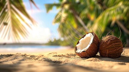Fototapeta premium Halved and whole coconuts resting on sandy beach with palm fronds and a serene ocean backdrop, epitomizing tropical freshness..