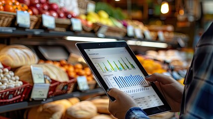 A man using a tablet to analyze sales data in a grocery store, surrounded by fresh produce and...