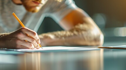 A man's hand writes on a piece of paper with a pencil, focusing on his work.