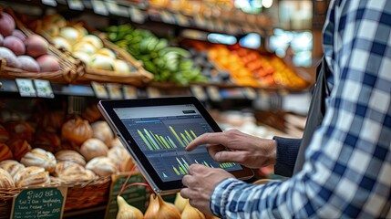 A man using a tablet to analyze sales data in a grocery store, surrounded by fresh produce and baked goods..