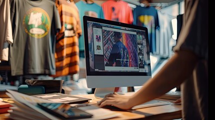 Fototapeta premium A graphic designer working on T-shirt designs using a computer in a creative workspace, surrounded by printed shirts..