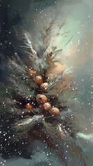 Christmas tree decorated with Christmas tree decorations retro oil painting. Realistic Winter and Christmas Wall Painting. Christmas Card