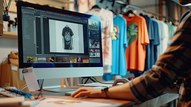 A graphic designer working on T-shirt designs using a computer in a creative workspace, surrounded by printed shirts..