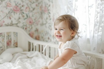 A Little One's Joyful Laugh in a Floral Nursery