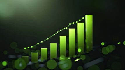 Green bar graph with an ascending line chart, representing growth and progress, set against a dark background..