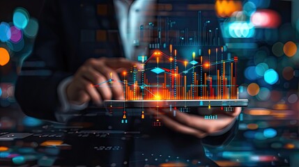 A businessman using a tablet to analyze digital financial data with graphs and charts, set against a vibrant cityscape background..