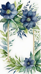 Watercolor floral geometric shape frame with indigo flowers and green leaves on white background. Wedding invitation and springtime concept.