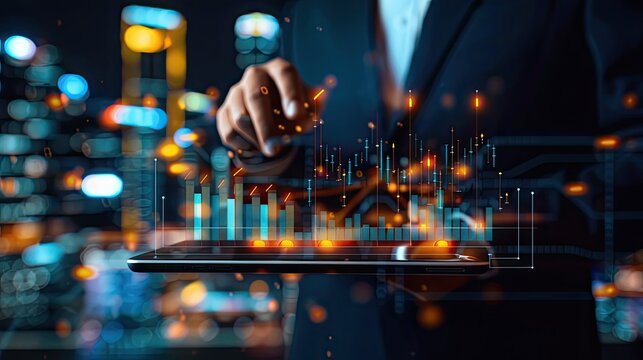 A businessman using a tablet to analyze digital financial data with graphs and charts, set against a vibrant cityscape background..
