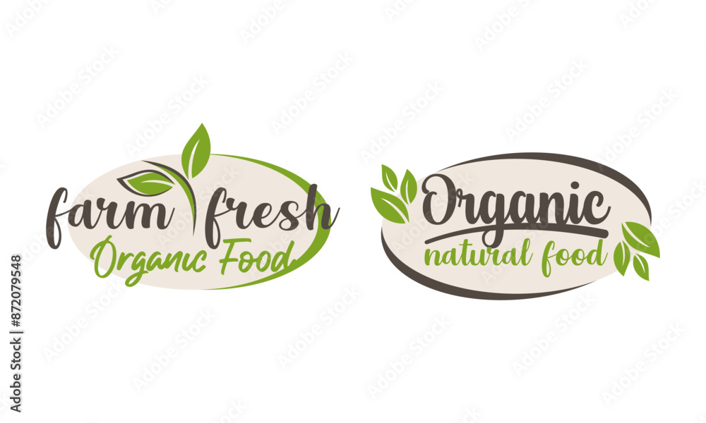 Wall mural set of organic food logos, natural farm products, and healthy life concept vector